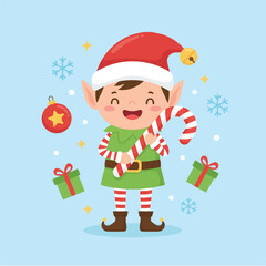 A Vector Happy Christmas Elf with Candy Cane and Gifts Illustration Festive