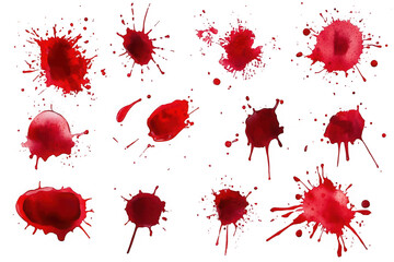 Collection of red blood splatters and drops on black background stain