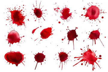 Collection of red blood splatters and drops on black background stain