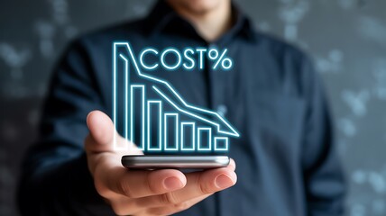Businessman holding a smartphone with a holographic display showing a cost reduction bar chart