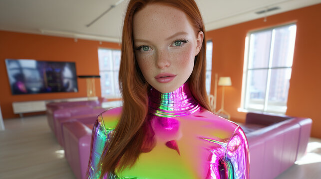 Portrait of a redheaded woman in a reflective iridescent bodysuit standing in a modern living room, soft natural light highlighting freckled skin and futuristic fashion details. - Powered by Adobe