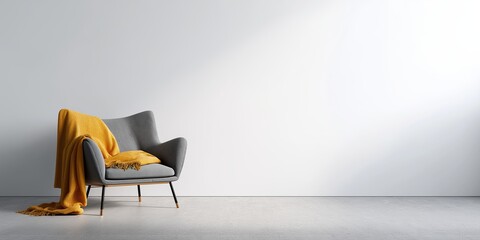 Minimalist Loft Interior Corner with Sleek Grey Armchair, Ochre Yellow Accent Blanket, and Clean Ambient Light for Design Mockup Use