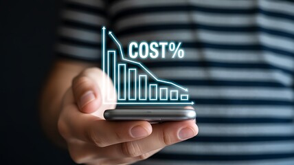 Businessman holding a mobile phone with a holographic chart illustrating cost reduction and savings