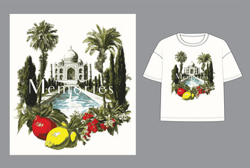 Artistic T-shirt print design. Taj Mahal framed by palm trees, floral accents, and tropical fruits with “Memories” typography. A travel-inspired, apparel graphics, souvenirs, lifestyle merchandise.