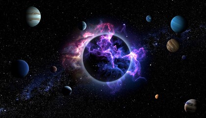 This is a digital CGI image depicting a cosmic scene. At the center, a bright nebula with swirling purple and pink hues emits a radiant light. Surrounding it are various planets, each with distinct co