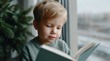A young boy is sitting in a window reading a book
