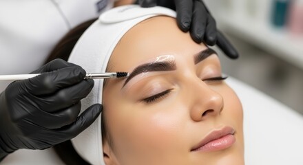 Woman Receives Eyebrow Tinting Treatment With Black Gloves