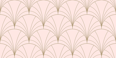 Luxury art deco seamless pattern. Pink and gold vector geometric linear texture with curved lines, fish scale ornament, peacock pattern, subtle grid. Elegant golden abstract background. Repeat design © Olgastocker