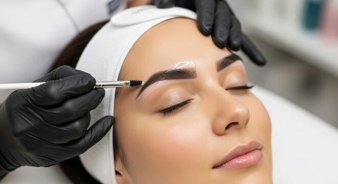 Woman Receives Eyebrow Tinting Treatment With Black Gloves - Powered by Adobe