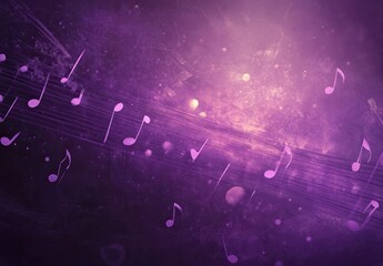 A purple background with musical notes, soft lighting, and a cinematic feel