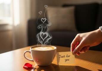A steaming cup of coffee with heartshaped steam and a handwritten note saying just for you, symbolizing love and affection