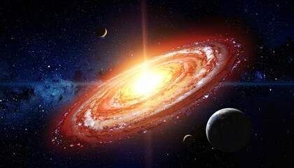 This CGI digital artwork depicts a vibrant, swirling galaxy with a bright, fiery core emitting intense yellow and orange light. Surrounding the galaxy, the outer rings glow with reds and purples. In t