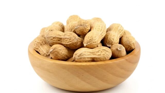 A close-up shot features a wooden bowl generously filled with whole, unpeeled peanuts, presented against a pristine white background. The textured shells of the peanuts display natural, earthy tones, 