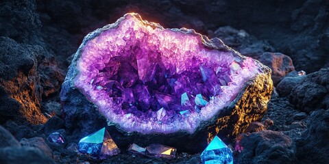 A purple crystal geode with vibrant colors inside, sitting on dark rocks