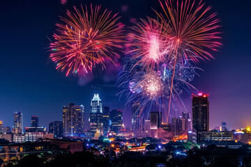 Festive city skyline with bursting fireworks