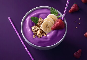 A purple smoothie bowl with fresh strawberries and granola