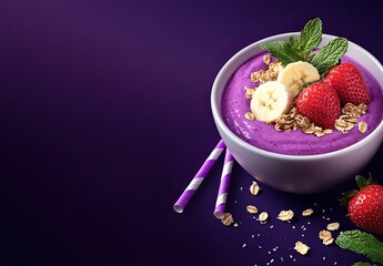 A purple smoothie bowl with fresh strawberries and granola