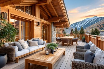Luxury chalet terrace with mountain view enjoying sunset light