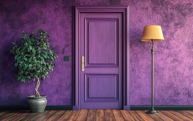 A purple wall with a door and a wooden floor