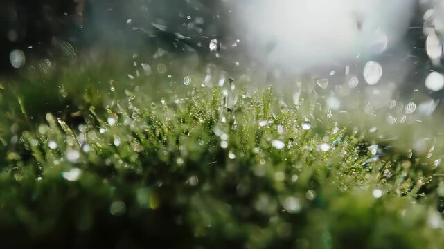 A journey through a miniature forest of wet moss. This macro video reveals a magical, tiny world with water droplets sparkling like jewels.