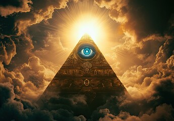 A pyramid with an eye in the center, surrounded by dark clouds and rays of light shining through them
