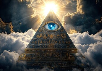A pyramid with an eye in the center, surrounded by dark clouds and rays of light shining through them