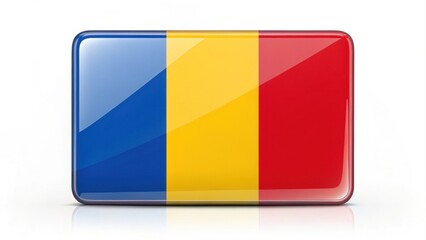 Fototapeta premium Shiny rectangular flag button of Romania with blue, yellow, and red.