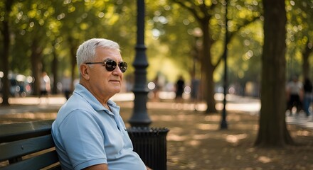 Fototapeta premium Hombre mayor con gafas de sol sentado en un banco del parque