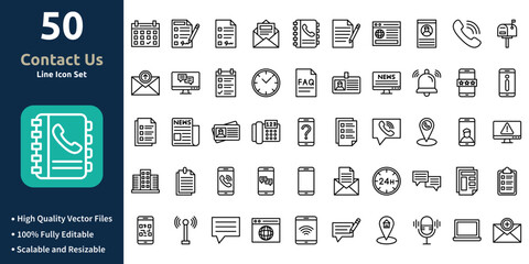 Contact us icon set in Outline style. Minimilist and trendy Icon set. Containing Icons,Schedule,Signature,Contract form,Email,and so on.