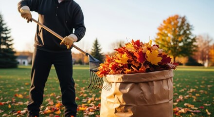 Autumn Season Yard Cleanup A Person Raking Colorful Leaves Into A Large Paper Bag