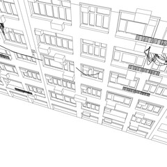 A black and white architectural drawing of a building facade featuring numerous windows and balconies for an apartment complex project plan.