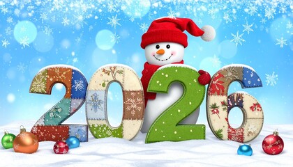 A vibrant, festive digital illustration features the numbers "2026" in large, colorful blocks. Each block showcases a different holiday pattern, including snowflakes, reindeer, and Christmas trees. A 