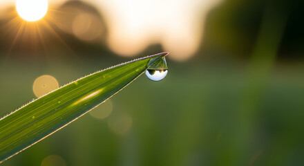 A single water droplet clinging to the tip of a blade of grass with a blurred background of sunlight