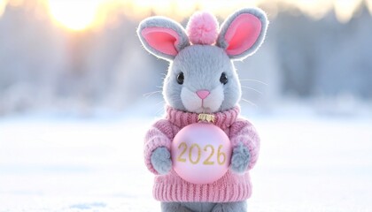 A photograph of a cute, plush gray bunny with pink inner ears and nose, wearing a pink, knitted sweater with a golden "2020" ball. The bunny stands in a snowy landscape, with a blurred background of s