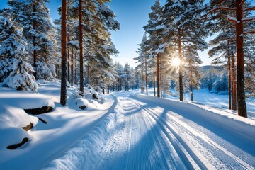 Cross country skiing track through sunny winter forest