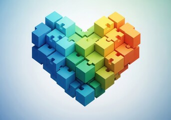 Heart shape made of colorful puzzle pieces in gradient blue to orange, isolated on white background