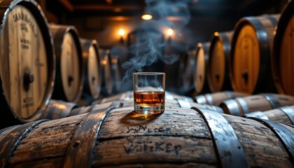 A glass of amber spirit rests on whiskey barrels distillery photography rustic setting close-up craftsmanship
