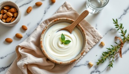 Creamy white yogurt delight rustic kitchen food presentation cozy environment top view culinary experience