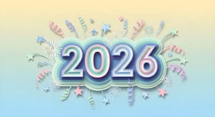 Colorful 2026 typography with festive decorations, happy new year greeting, bright gradient background, celebration concept, holiday design, cheerful seasonal illustration