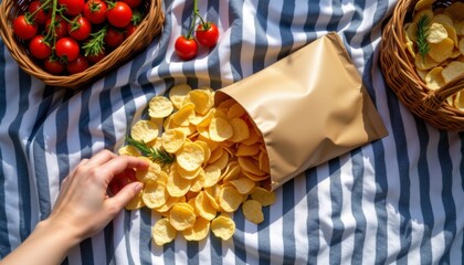 Hand reaching for potato chips among fresh tomatoes outdoor picnic food photography sunlit setting close-up view