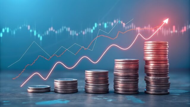 Stacks of coins rise from left to right, symbolizing increasing wealth. A glowing upward arrow and digital graph in a blue-toned interface highlight financial success and investment growth.