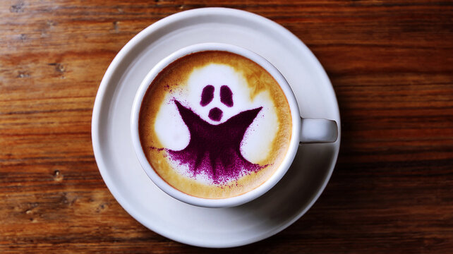 Top view of cafe latte in white cup with Halloween-themed latte art on vintage orange table. The white cup features a spooky halloween ghost design on milk foam with purple ube powder. Generated image