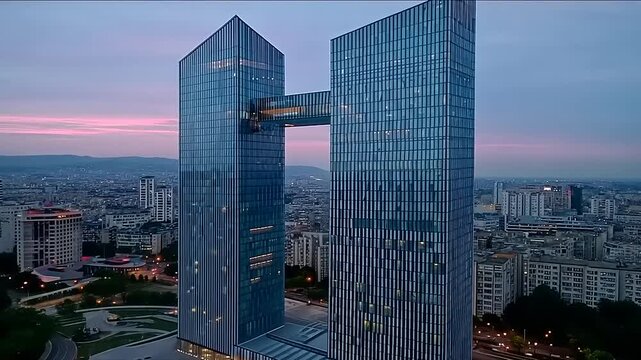 Stunning Aerial View of Twin Skyscrapers Connected by Skybridge at Dusk in Urban Skyline