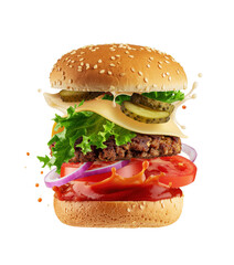 Tasty fast food burger with dripping sauce, vegetables and grilled meat patty on a transparent background. Generative AI