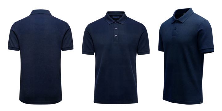 Navy polo shirt front, back, side view mockup, polo shirt template, blank polo apparel, polo clothing, Isolated on transparent background, png 