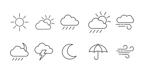 Weather icon set vector on white background. forecast, climate, sun, cloud, rain, wind, moon, umbrella, symbol.