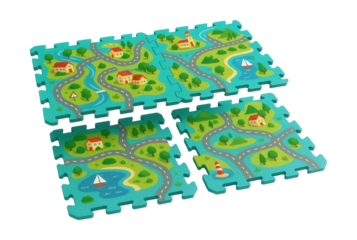 Map-themed interlocking puzzle mats for fun, educational play in children's rooms.