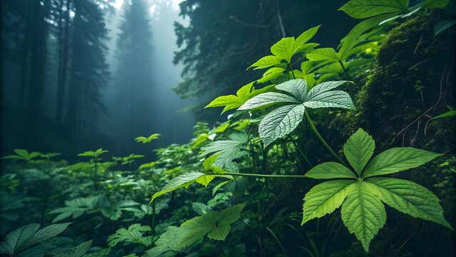 Lush green leaves in a misty dark forest nature plants