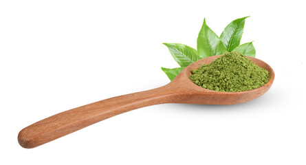 matcha green tea in wood spoon and tea leaves on transparent png ( image from camera )