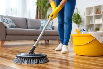 Fototapeta premium Woman cleaning wooden floor with scrub brush in living room